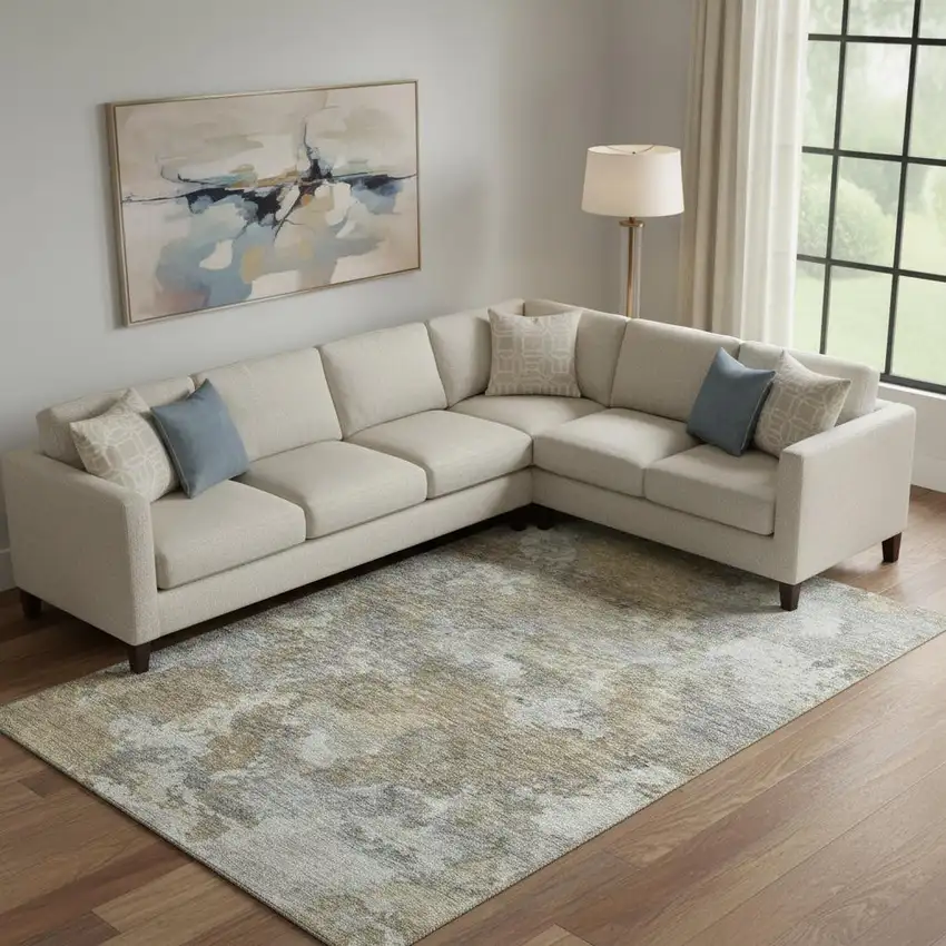 Gold And Gray Abstract Washable Area Rug With UV Protection Photo 2