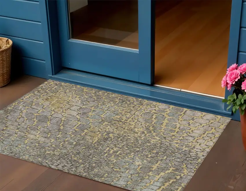 Gold And Gray Abstract Washable Indoor Outdoor Area Rug Photo 1