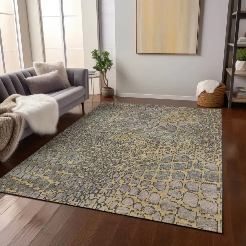 Gold And Gray Abstract Washable Indoor Outdoor Area Rug Photo 9