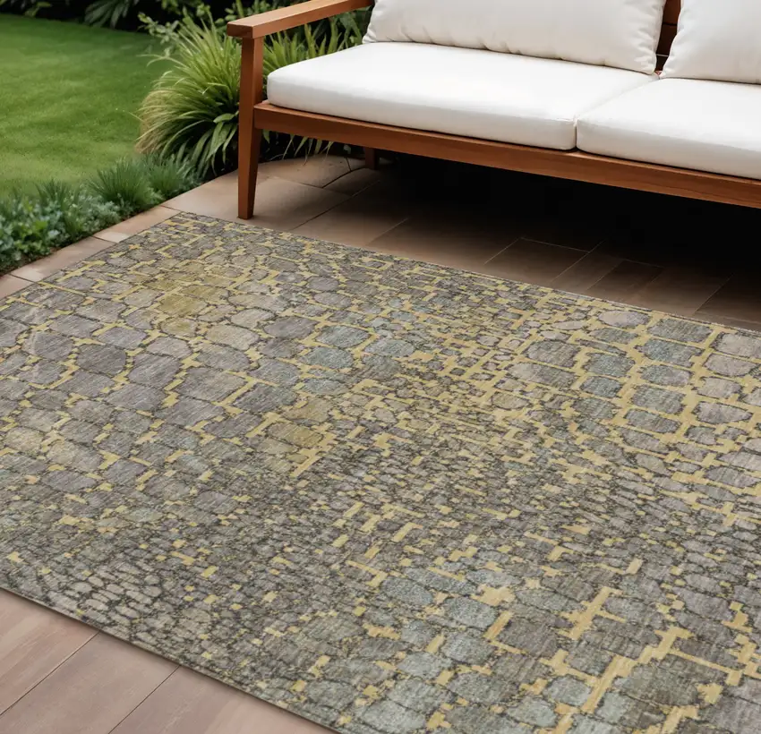 Gold And Gray Abstract Washable Indoor Outdoor Area Rug Photo 1