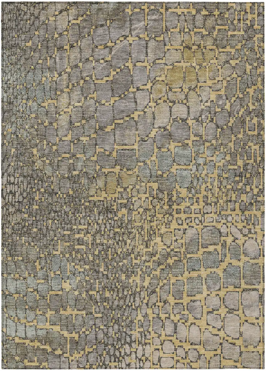 Gold And Gray Abstract Washable Indoor Outdoor Area Rug Photo 2
