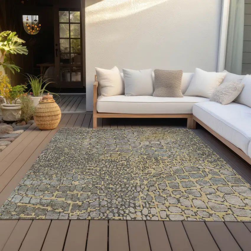 Gold And Gray Abstract Washable Indoor Outdoor Area Rug Photo 8