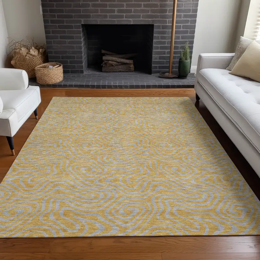 Gold And Gray Abstract Washable Indoor Outdoor Area Rug Photo 9