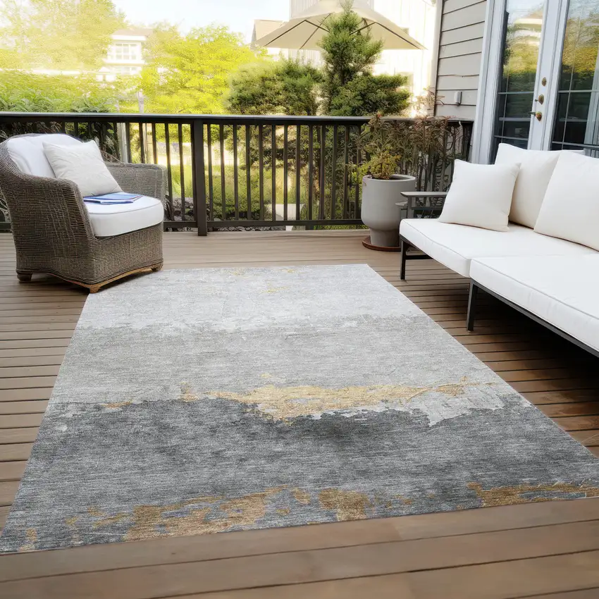 Gold And Gray Abstract Washable Indoor Outdoor Area Rug Photo 7