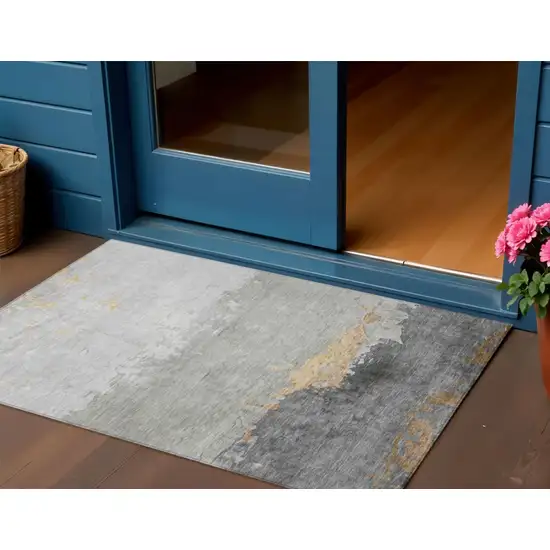 Gold And Gray Abstract Washable Indoor Outdoor Area Rug Photo 2