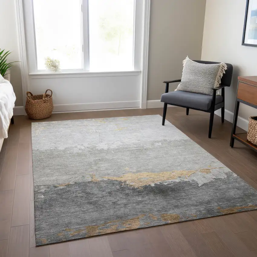 Gold And Gray Abstract Washable Indoor Outdoor Area Rug Photo 6