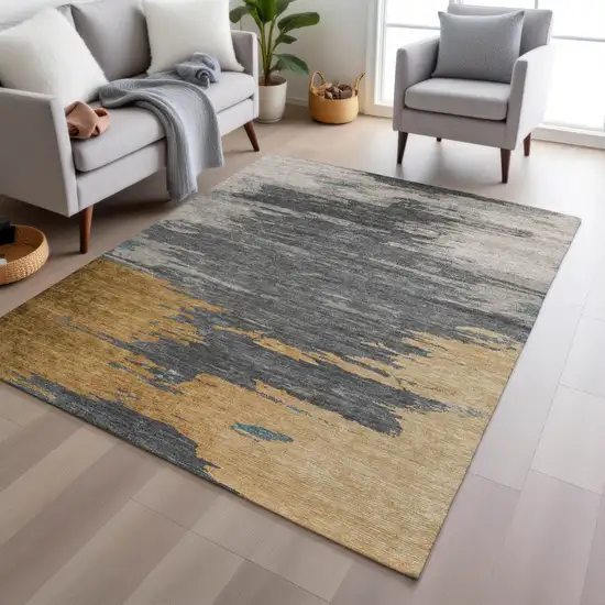 Gold And Gray Abstract Washable Indoor Outdoor Area Rug Photo 6