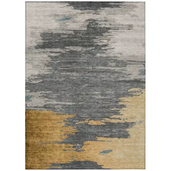 Gold And Gray Abstract Washable Indoor Outdoor Area Rug Photo 1