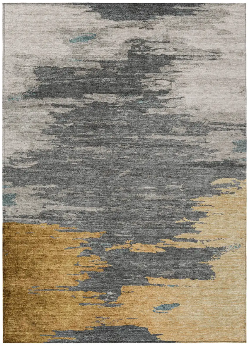 Gold And Gray Abstract Washable Indoor Outdoor Area Rug Photo 1