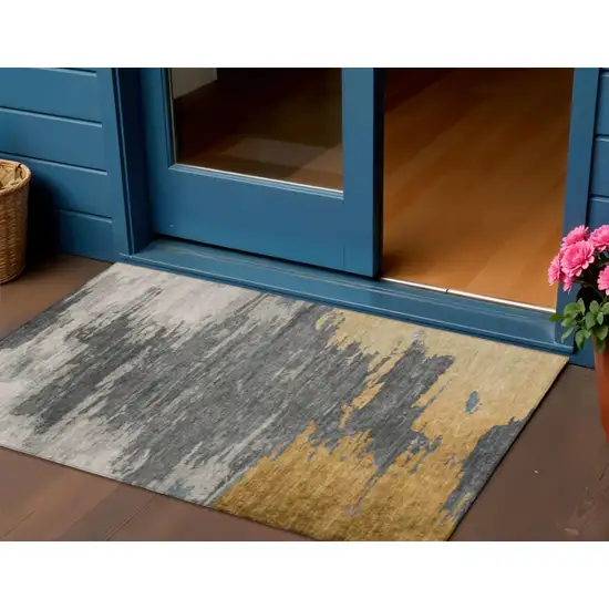Gold And Gray Abstract Washable Indoor Outdoor Area Rug Photo 2