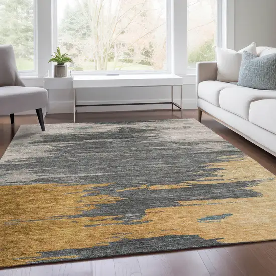 Gold And Gray Abstract Washable Indoor Outdoor Area Rug Photo 7