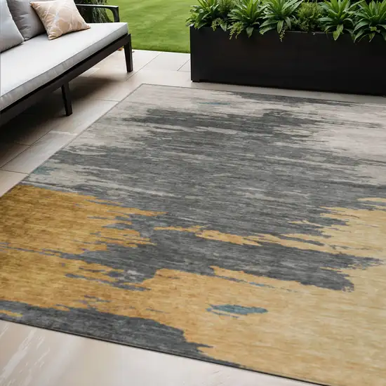 Gold And Gray Abstract Washable Indoor Outdoor Area Rug Photo 2