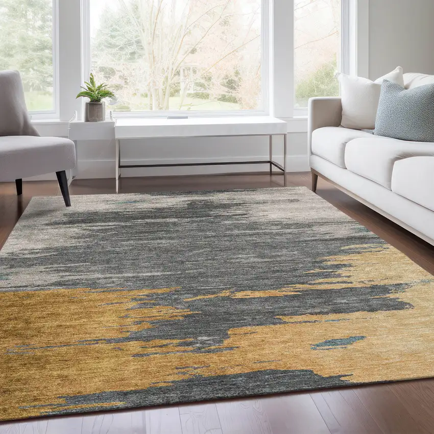 Gold And Gray Abstract Washable Indoor Outdoor Area Rug Photo 7