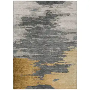 Photo of Gold And Gray Abstract Washable Indoor Outdoor Area Rug