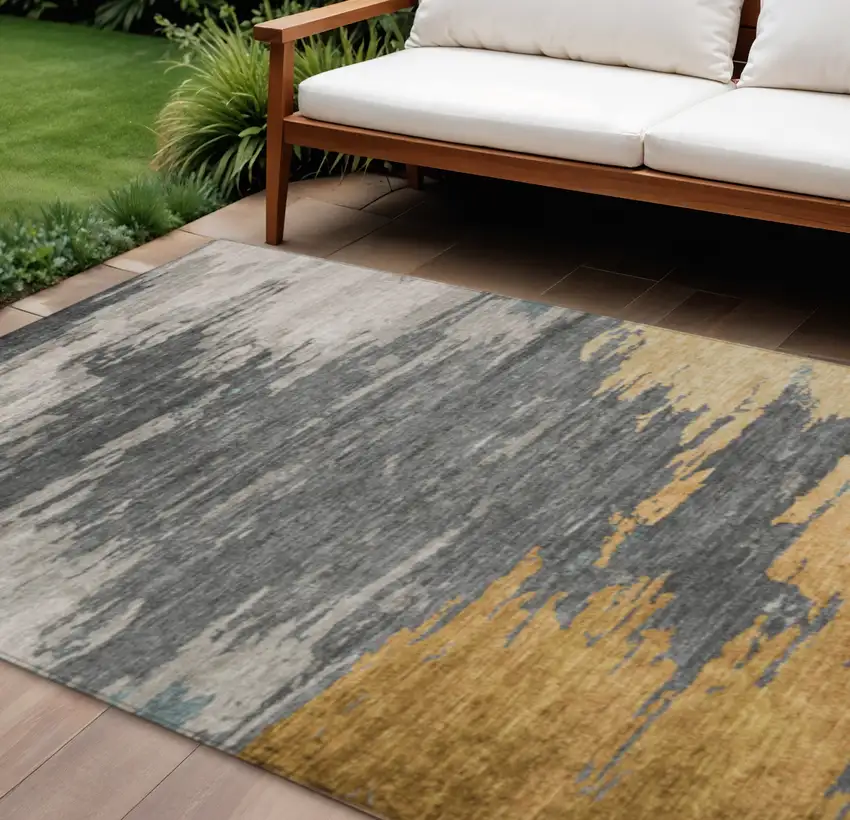Gold And Gray Abstract Washable Indoor Outdoor Area Rug Photo 2