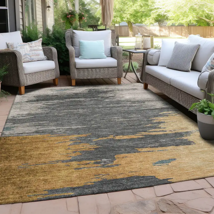 Gold And Gray Abstract Washable Indoor Outdoor Area Rug Photo 5