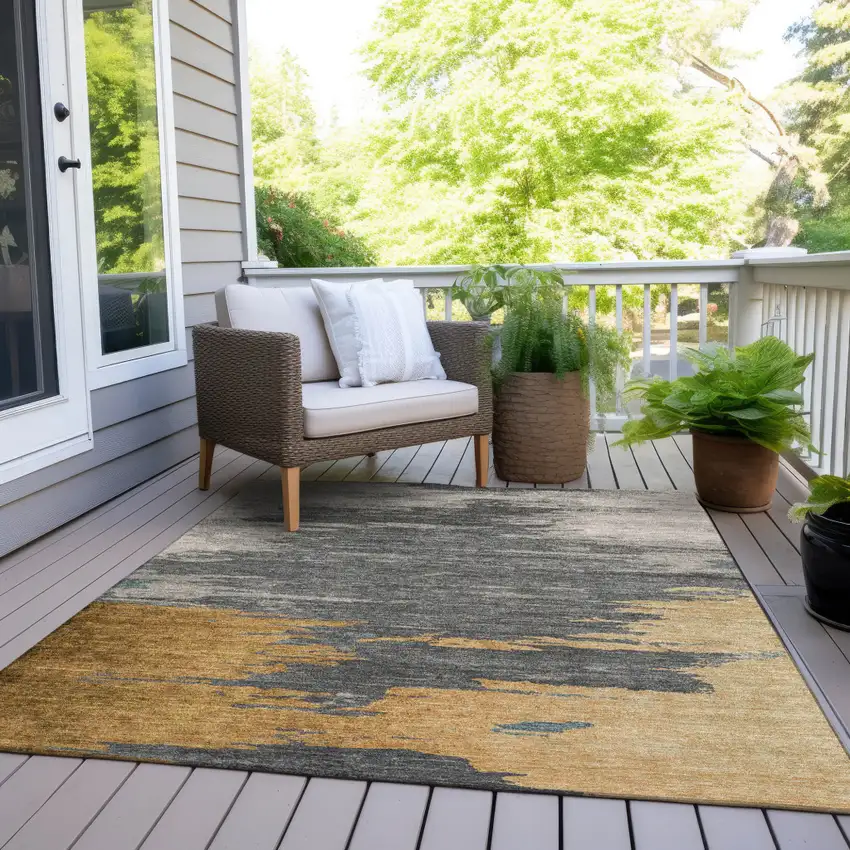 Gold And Gray Abstract Washable Indoor Outdoor Area Rug Photo 7