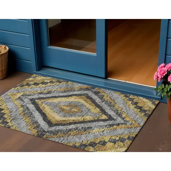 Gold And Gray Aztec Washable Indoor Outdoor Area Rug Photo 2