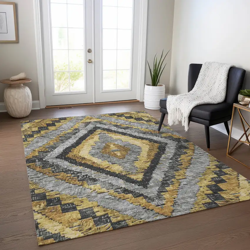 Gold And Gray Aztec Washable Indoor Outdoor Area Rug Photo 6