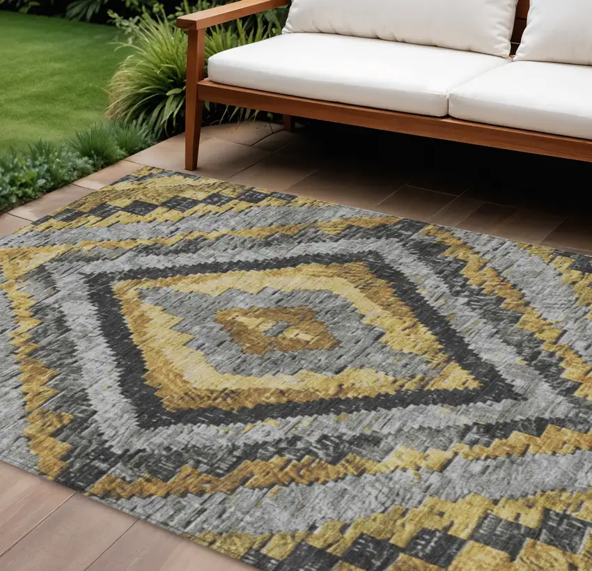 Gold And Gray Aztec Washable Indoor Outdoor Area Rug Photo 2