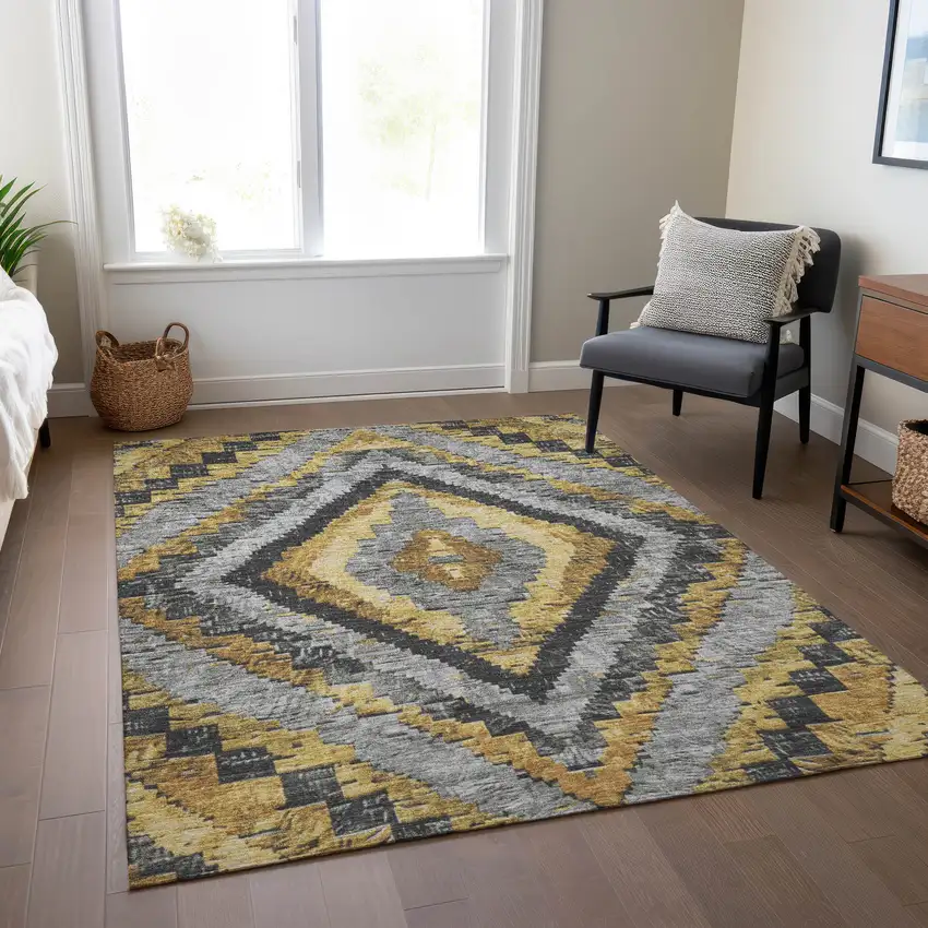 Gold And Gray Aztec Washable Indoor Outdoor Area Rug Photo 7