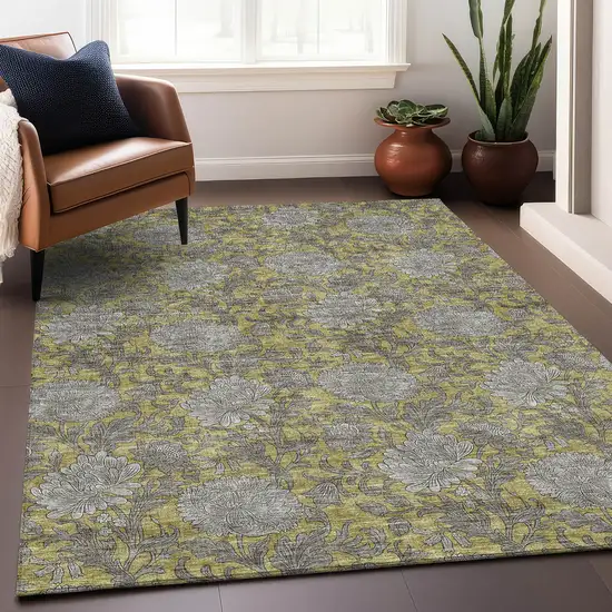 Gold And Gray Floral Washable Area Rug With UV Protection Photo 5