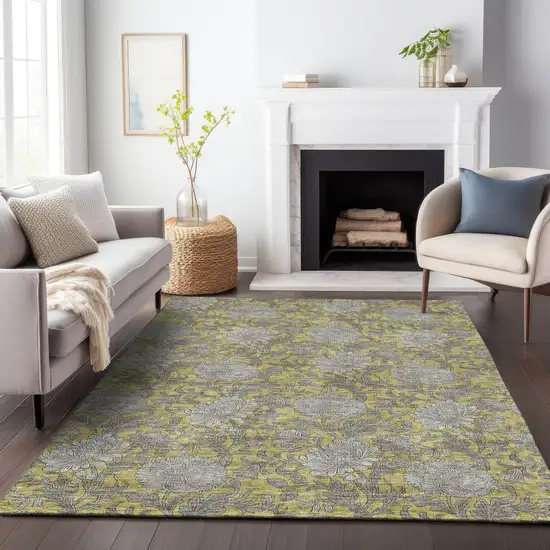 Gold And Gray Floral Washable Area Rug With UV Protection Photo 4