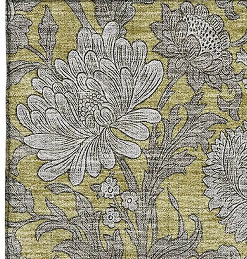 Gold And Gray Floral Washable Area Rug With UV Protection Photo 3