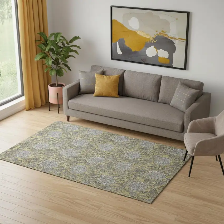 Gold And Gray Floral Washable Area Rug With UV Protection Photo 1