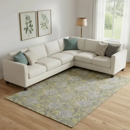 Gold And Gray Floral Washable Area Rug With UV Protection Photo 1