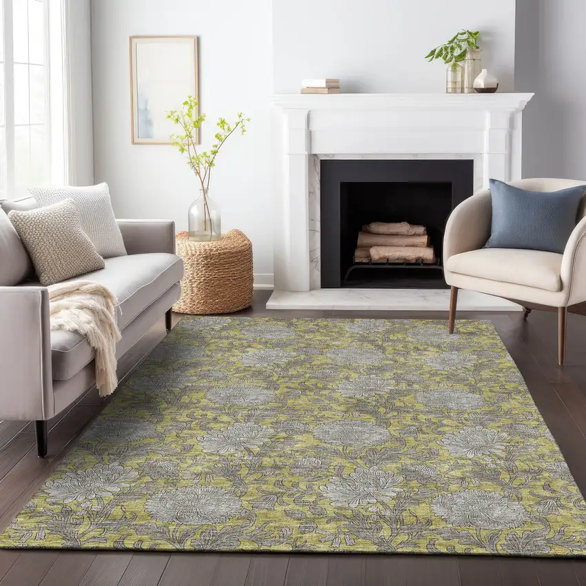 Gold And Gray Floral Washable Area Rug With UV Protection Photo 3