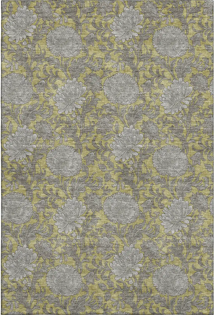 Gold And Gray Floral Washable Area Rug With UV Protection Photo 1