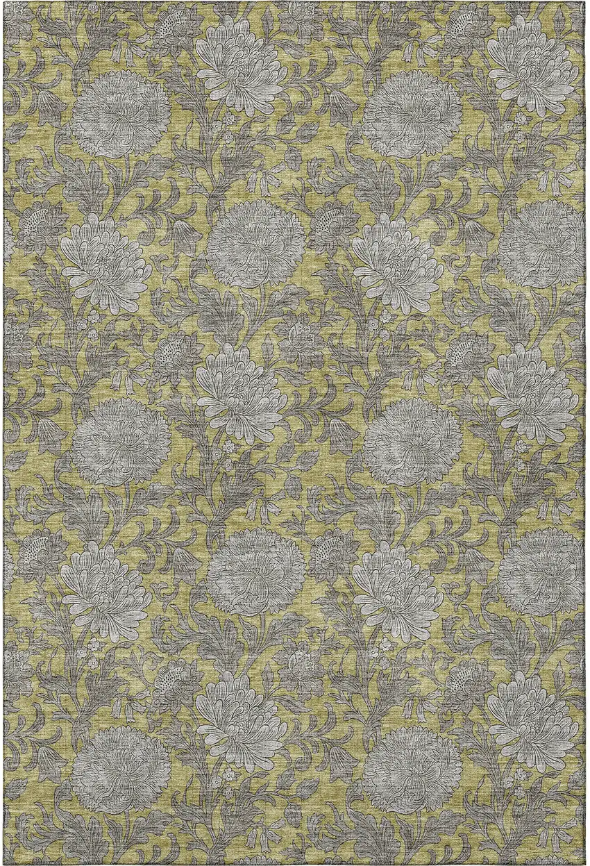 Gold And Gray Floral Washable Area Rug With UV Protection Photo 2