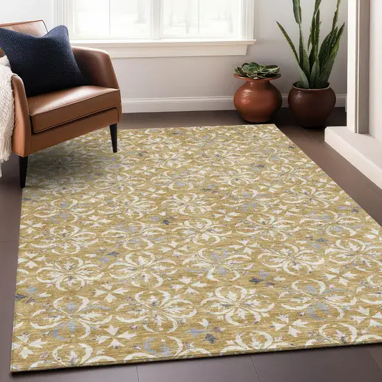 Gold And Gray Floral Washable Area Rug With UV Protection Photo 3