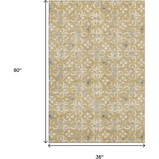 Gold And Gray Floral Washable Area Rug With UV Protection Photo 9