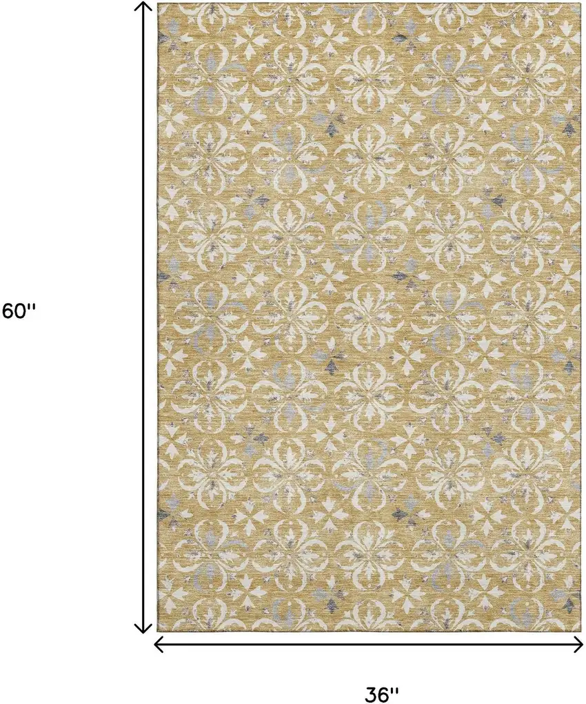 Gold And Gray Floral Washable Area Rug With UV Protection Photo 9