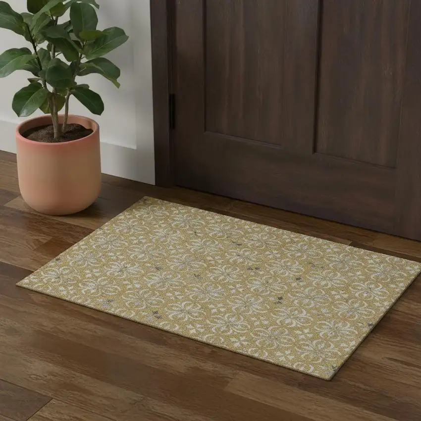 Gold And Gray Floral Washable Area Rug With UV Protection Photo 1