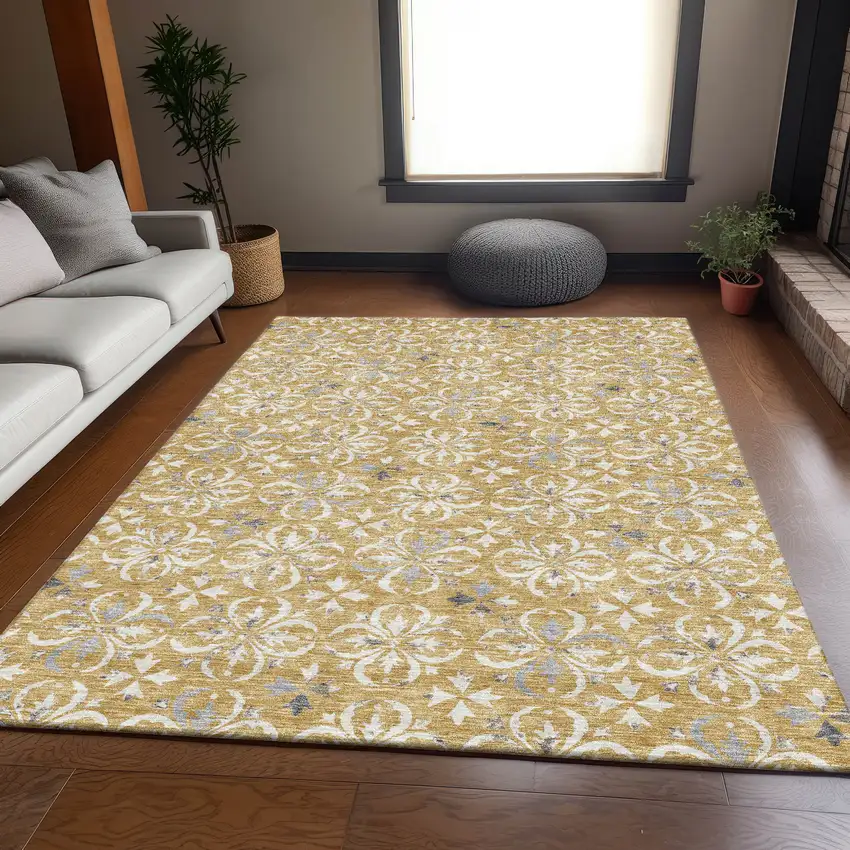 Gold And Gray Floral Washable Area Rug With UV Protection Photo 4