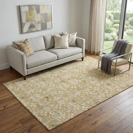 Gold And Gray Floral Washable Area Rug With UV Protection Photo 1