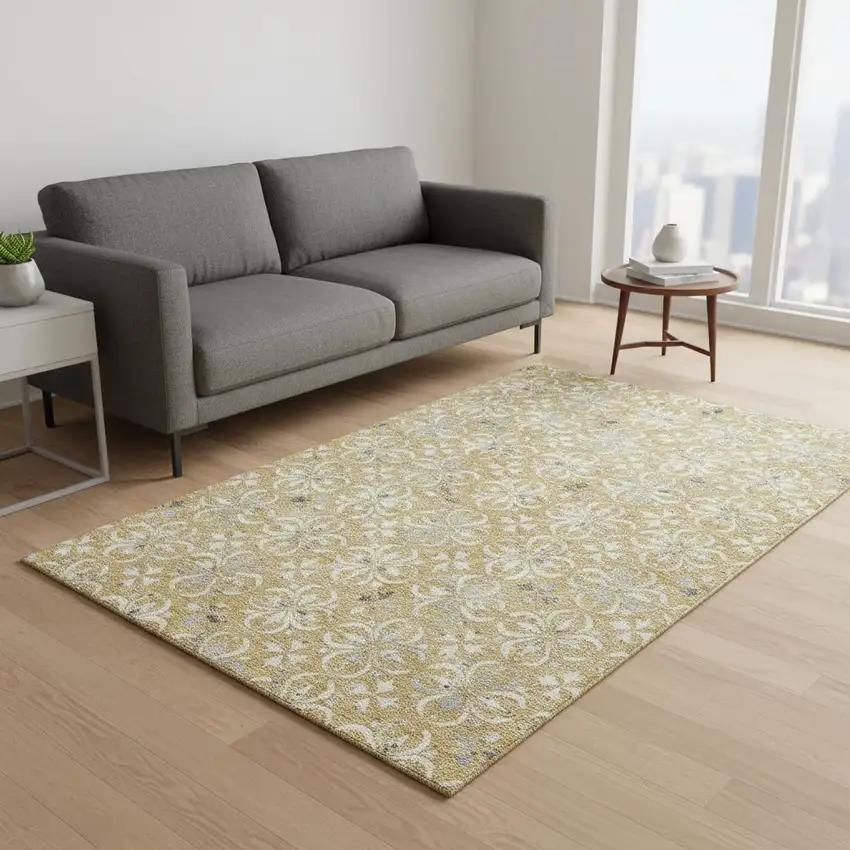 Gold And Gray Floral Washable Area Rug With UV Protection Photo 2