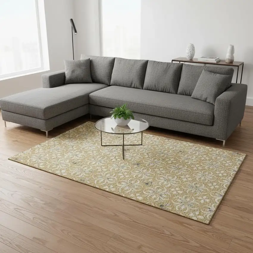 Gold And Gray Floral Washable Area Rug With UV Protection Photo 2