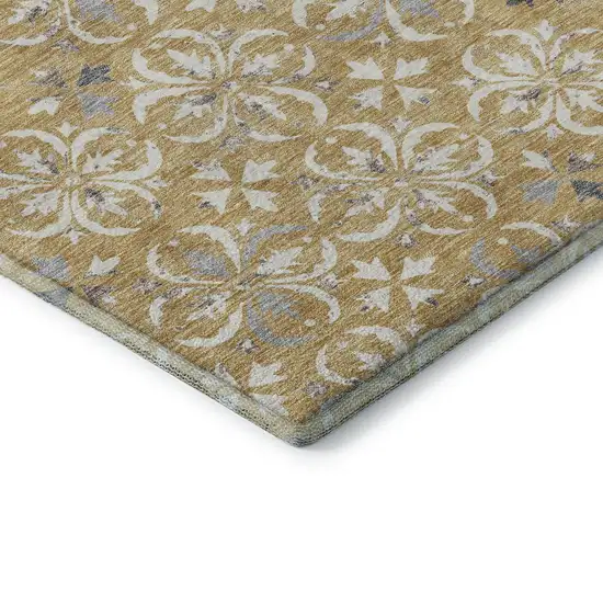 Gold And Gray Floral Washable Area Rug With UV Protection Photo 7