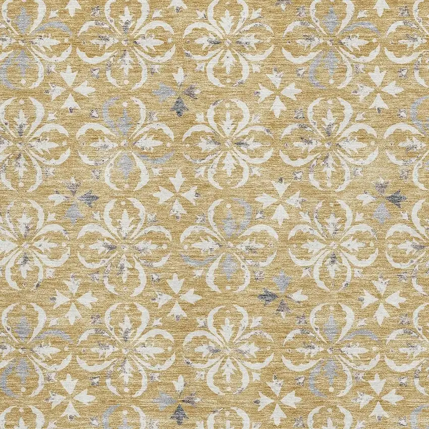 Gold And Gray Floral Washable Area Rug With UV Protection Photo 2