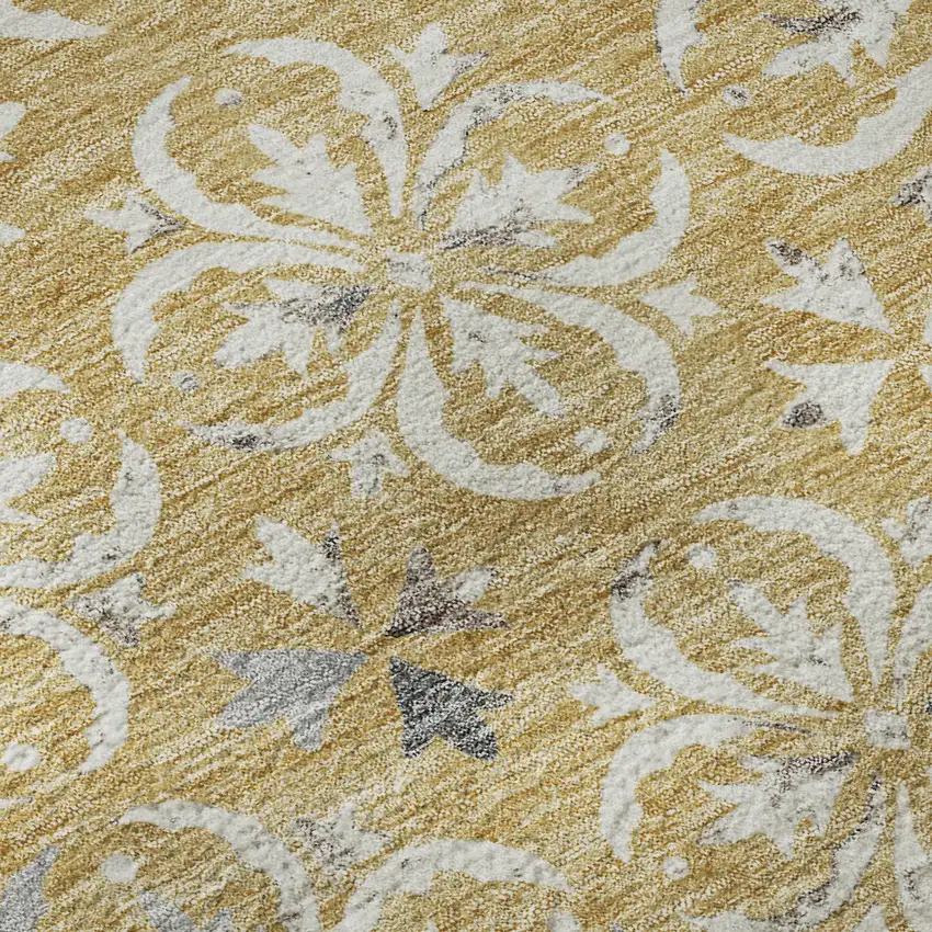 Gold And Gray Floral Washable Area Rug With UV Protection Photo 9