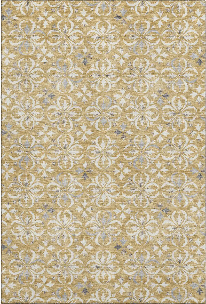 Gold And Gray Floral Washable Area Rug With UV Protection Photo 1