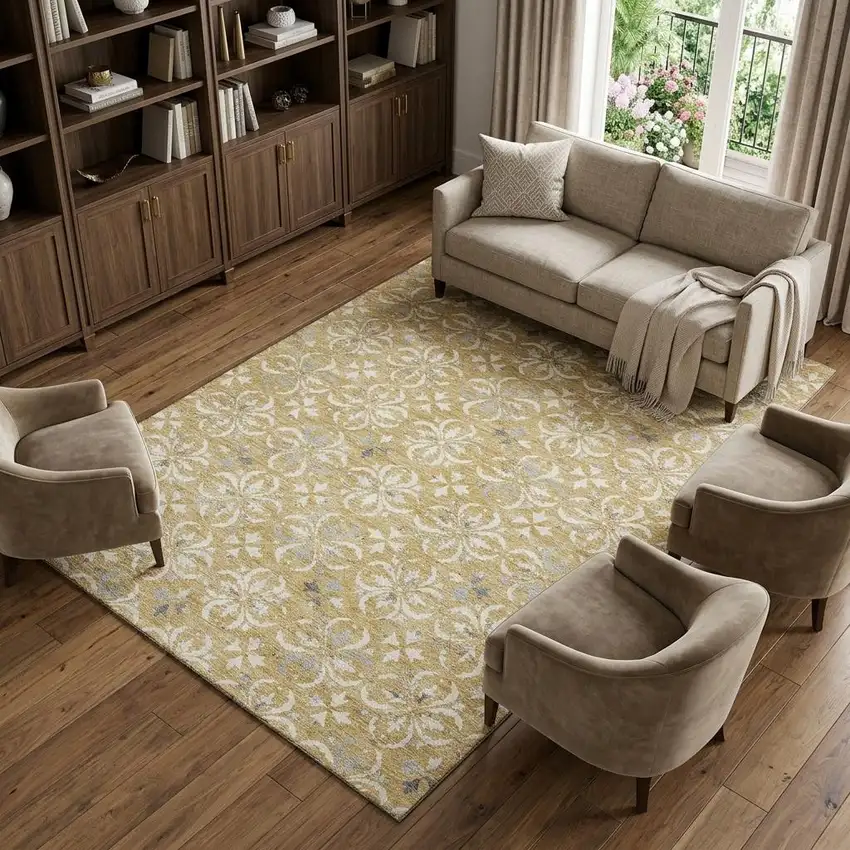 Gold And Gray Floral Washable Area Rug With UV Protection Photo 1
