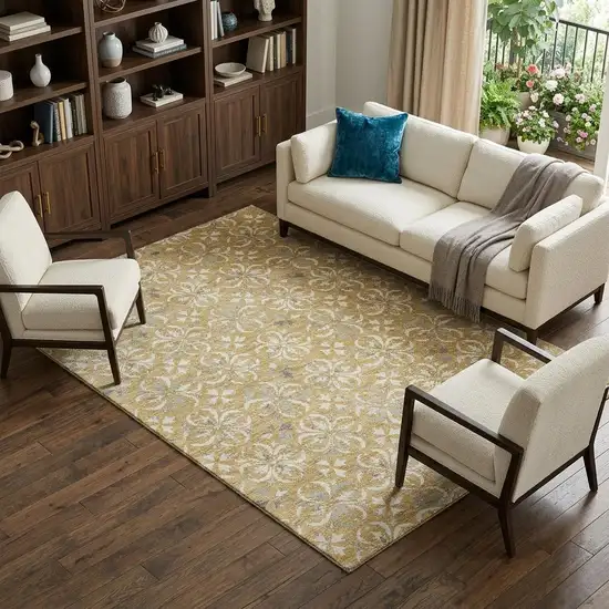 Gold And Gray Floral Washable Area Rug With UV Protection Photo 1