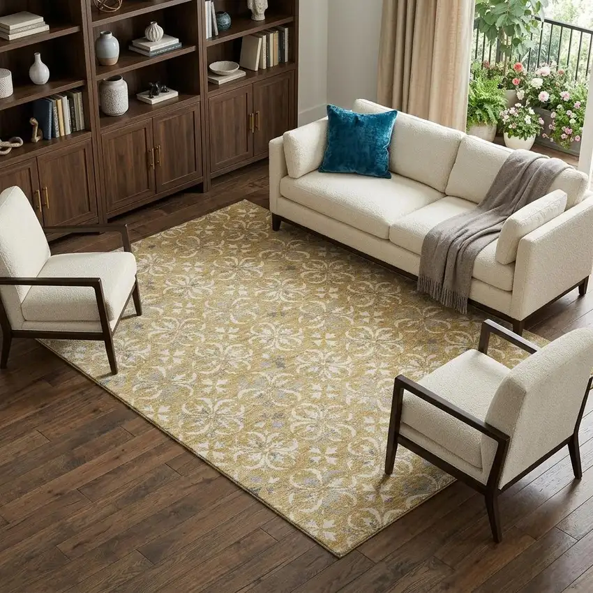 Gold And Gray Floral Washable Area Rug With UV Protection Photo 1
