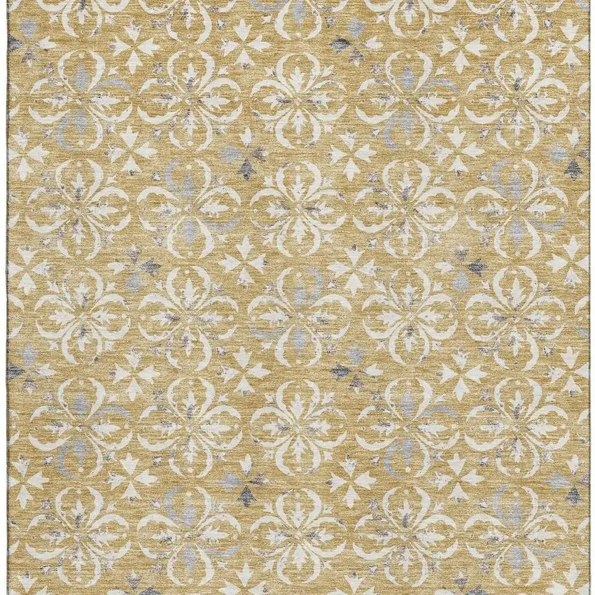 Gold And Gray Floral Washable Area Rug With UV Protection Photo 2