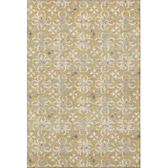 Gold And Gray Floral Washable Area Rug With UV Protection Photo 3